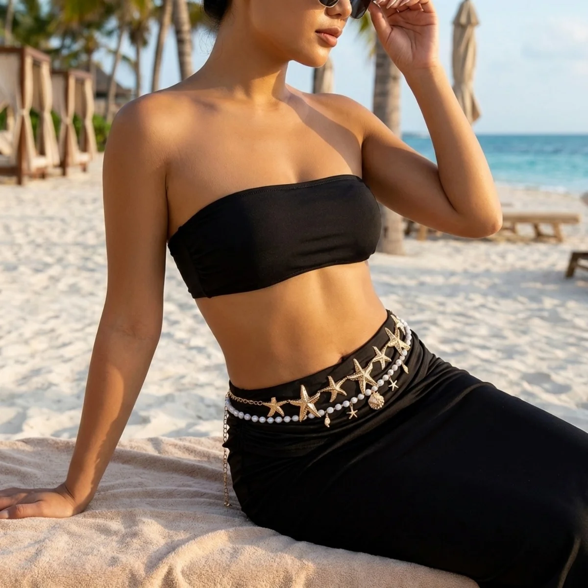 Extravagante, zusammengesetzte Taillenkette mit Seestern-, Muschel- und Imitationsperlen für Damen und Herren, doppellagige Körperkette, Strand-Körperschmuck – Detail 4