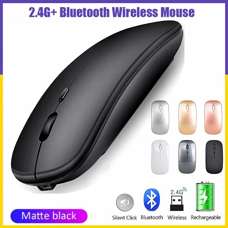 Recarregável Optical Wireless Mouse, Dual Mode, Receptor Bluetooth, Super Slim, Computador, Laptop, Telefones, 2.4GHz