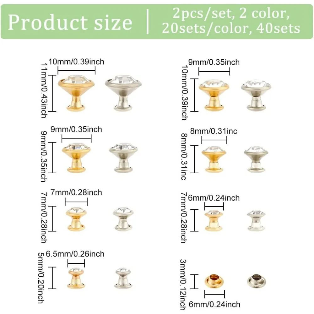 280 Sets 7 Sizes Clear Rhinestone Rivets (5~11mm) Platinum & Gold Crystal Rivets Metal Double Cap Stud Rivets making kit