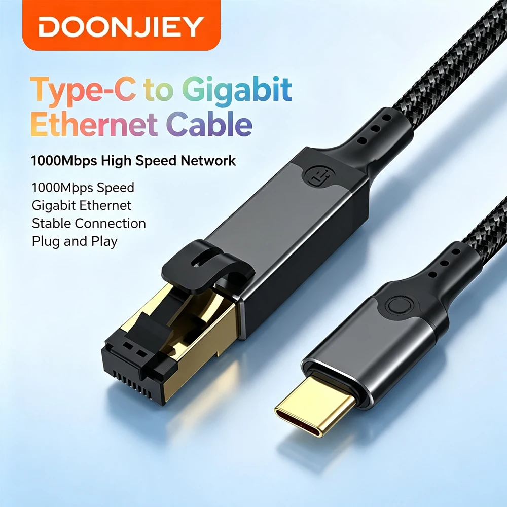 DOONJIEY USB C to Ethernet Cable,USB3.0 to RJ45 Thin Cabo Directly Connected for PC,1000Mbps Network Thunderbolt 3 Compatible