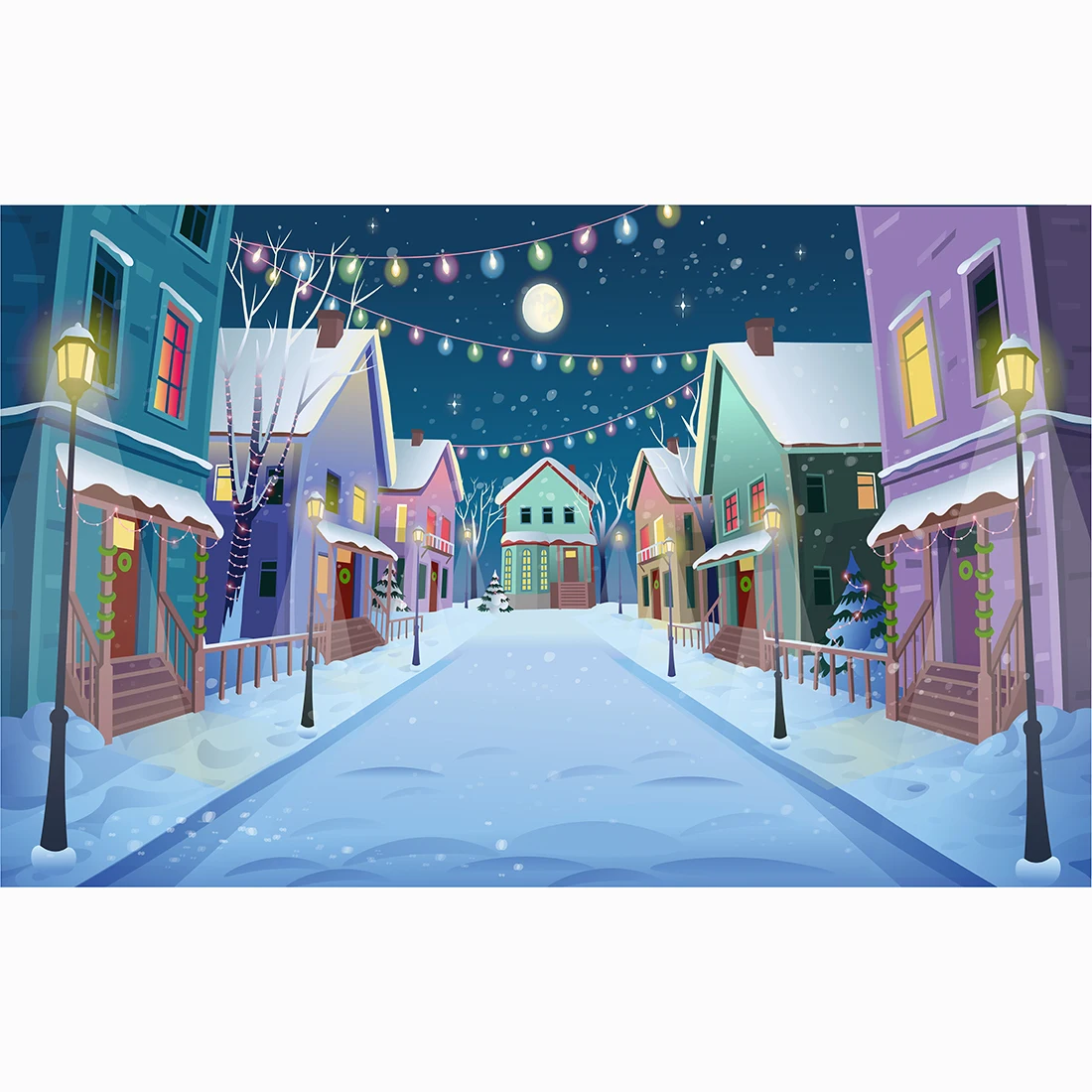 Cartoon Christmas Winter Fairy Tale City Street Building Panoramic Road with Lanterns and Garlands Vector Illustration