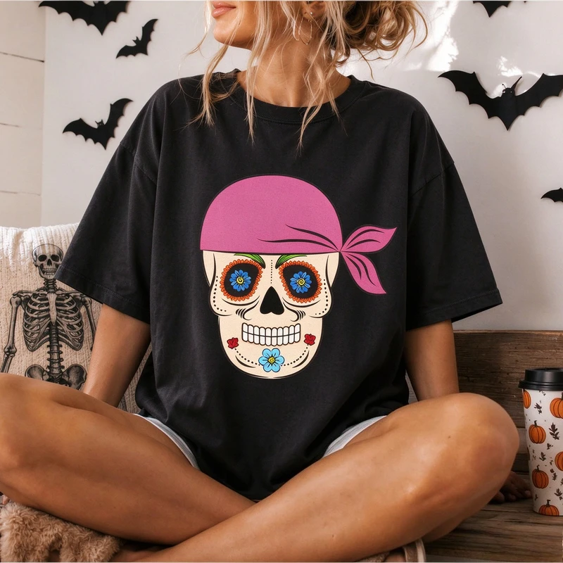 Men Women Day of The Dead Sugar Skull T Shirt Mexican Floral Skull Graphic Tee Short Sleeve Casual Black Harajuku Y2k Top