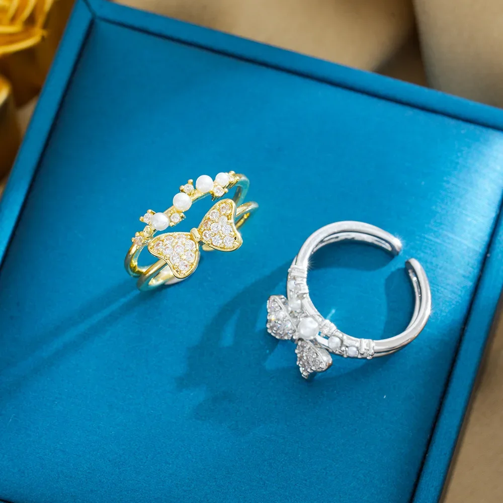 Кольцо в европейском и американском стиле, женское кольцо с жемчугом и бантом, женское легкое роскошное и высококачественное, универсальное кольцо