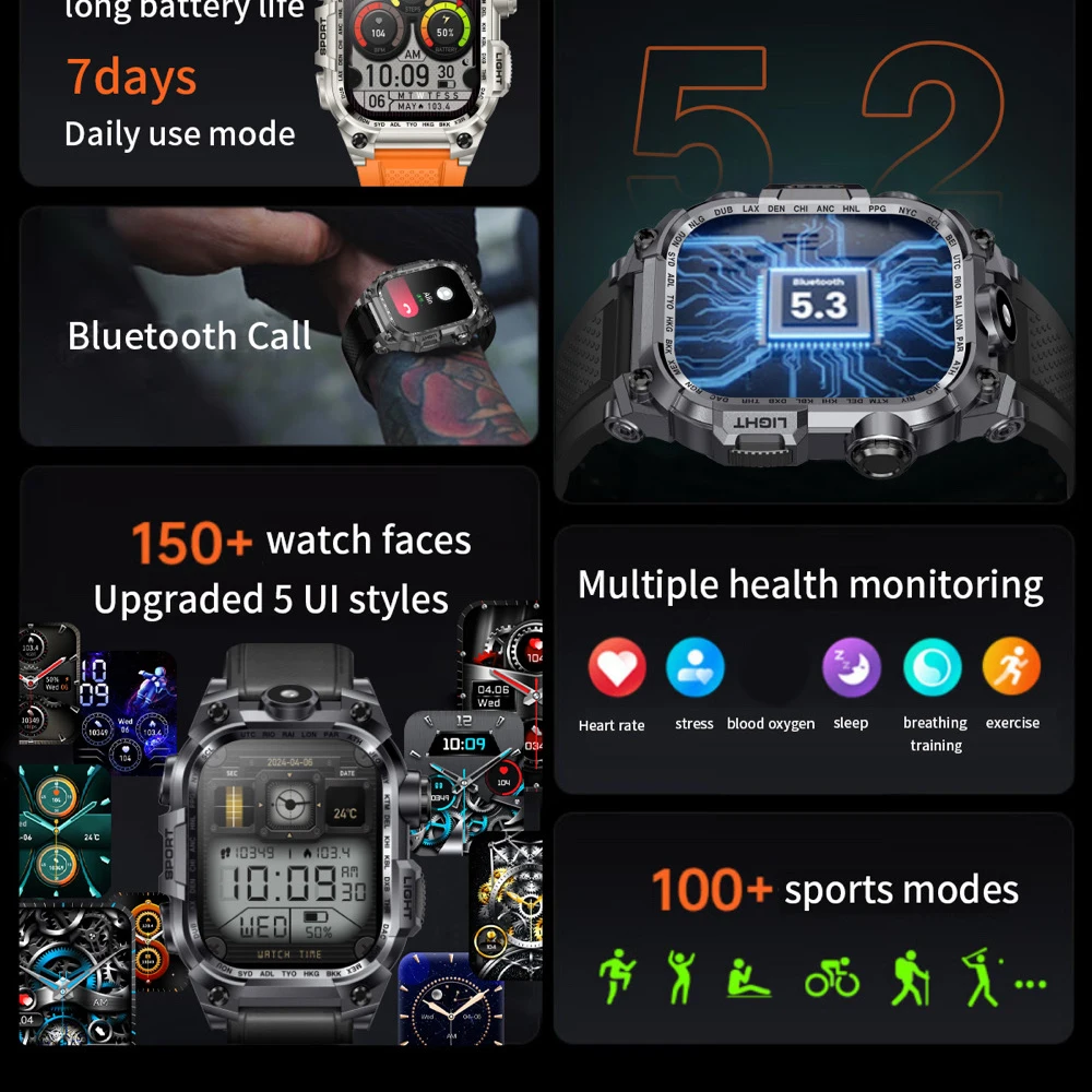 Outdoor Sports Men 2.01" Blue Tooth Call Smartwatch Flashlight 650mAh Sleep Health Monitor Waterproof Smart Watches Women Music