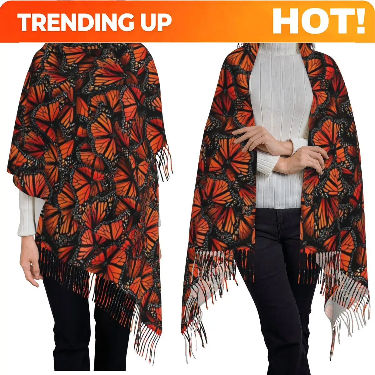 Customization Orange Monarch Butterfly Scarf Tassel Scarves For Women Soft Warm Shawls And Wraps Large Fall Winter Shawl Wrap