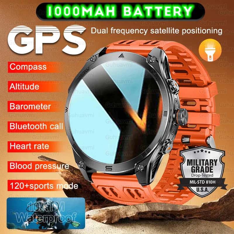 

New Military Outdoor Sports GPS Smart Watch Compass Altitude Heart Rate BTCall 1000mAh Large Battery 10ATM Waterproof Smartwatch