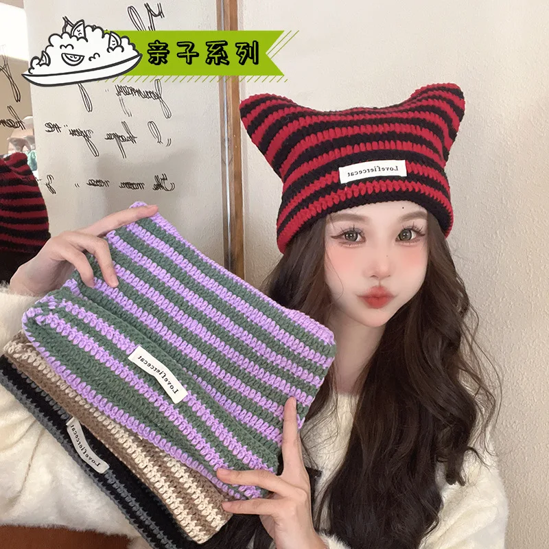 

Japanese Parent-child Autumn and Winter Warm Devil Striped Knitted Hat Outdoor Warm Adult Children's Skullies Beanie Hats Bonnet