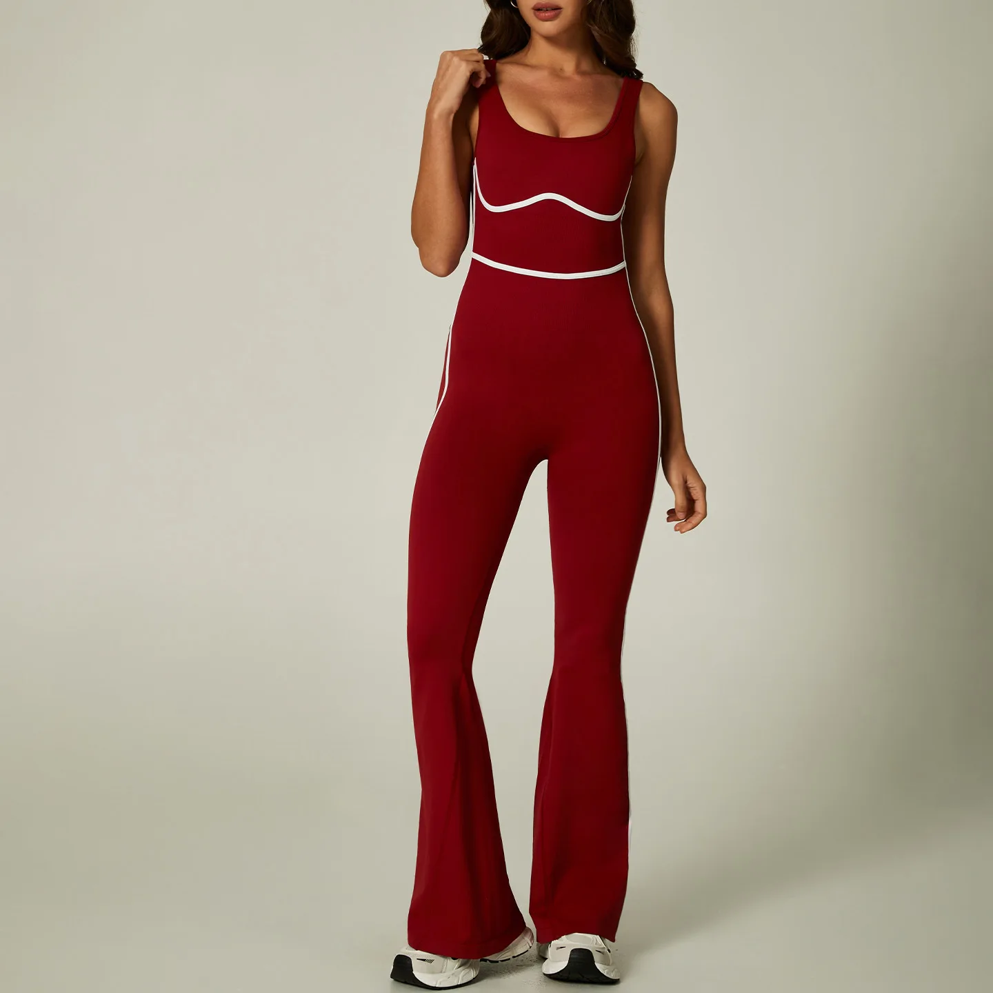 New Contrasting Color Jumpsuits Yoga Set High Elastic Onesie Gym Set Outdoors One-Piece Flared Pants Workout Clothes for Women