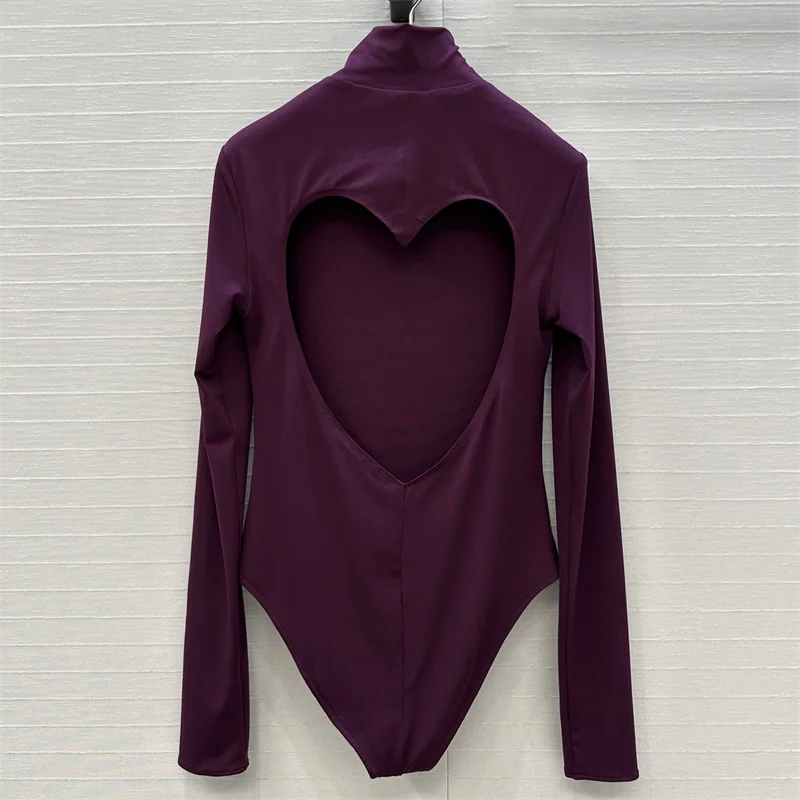 Body mujer 2025 invierno nuevo elástico ajustado cuello alto manga larga top en forma de corazón hueco espalda descubierta mujer body y2k corsé