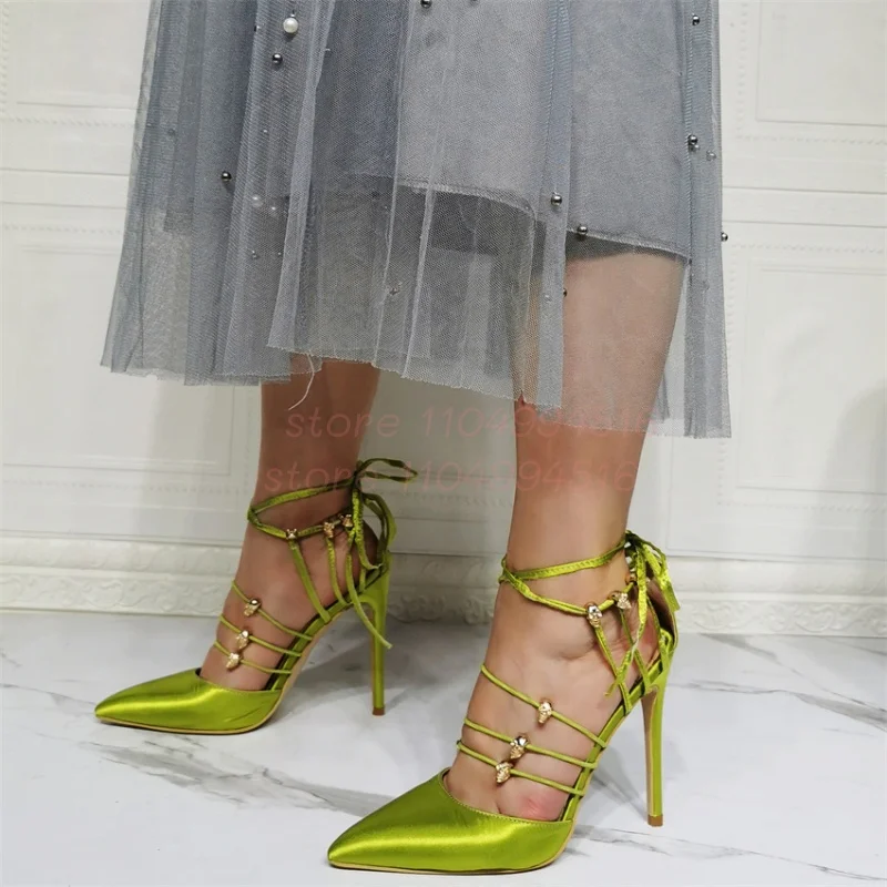 Green Satin Lace-Up Hollow Thin Heels Women Pointed Toe Crystal Slingback Sandals Lady Sexy Fashion Evening Party Dress Shoes