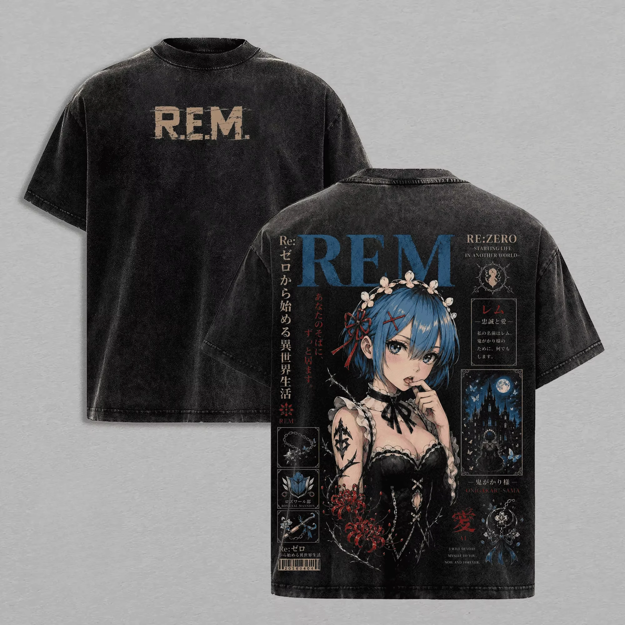 Anime Re Life in A Different World From Zero Rem Graphic Print T-shirt Men Women Retro Washed O-neck Cotton Casual Oversized Top