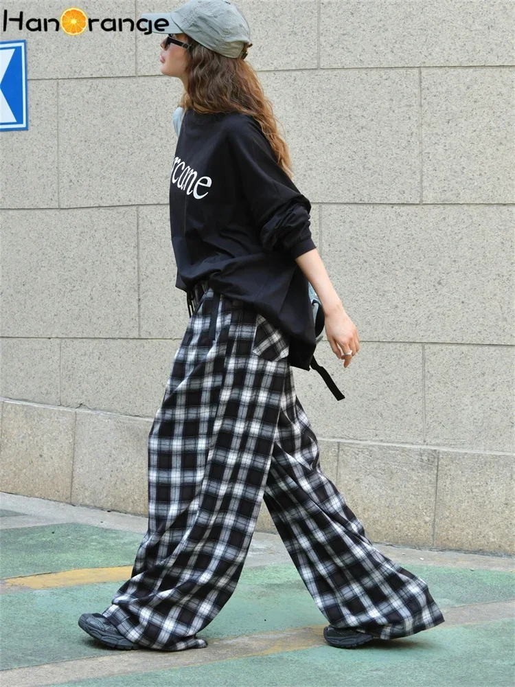 HanOrange 2024 Autumn Winter Retro Plaid Wide Leg Pants Women Loose Elastic Soft Trousers Blue/Black