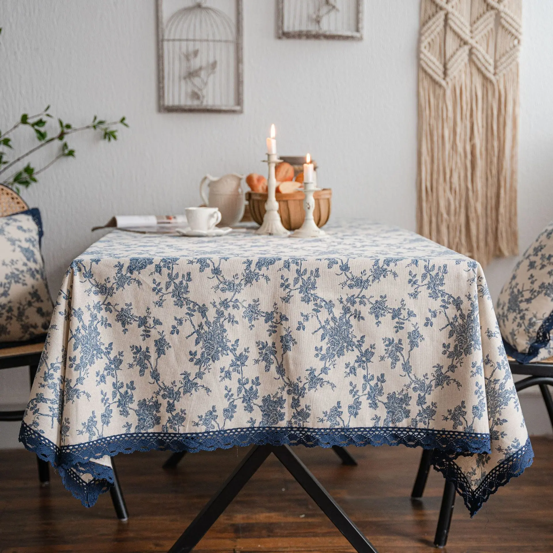 

Cotton Linen Rural Blue Rose Print Tablecloth Household Dining Table Cloth Living Room Tea Table Tablecloth Tea Tablecloth