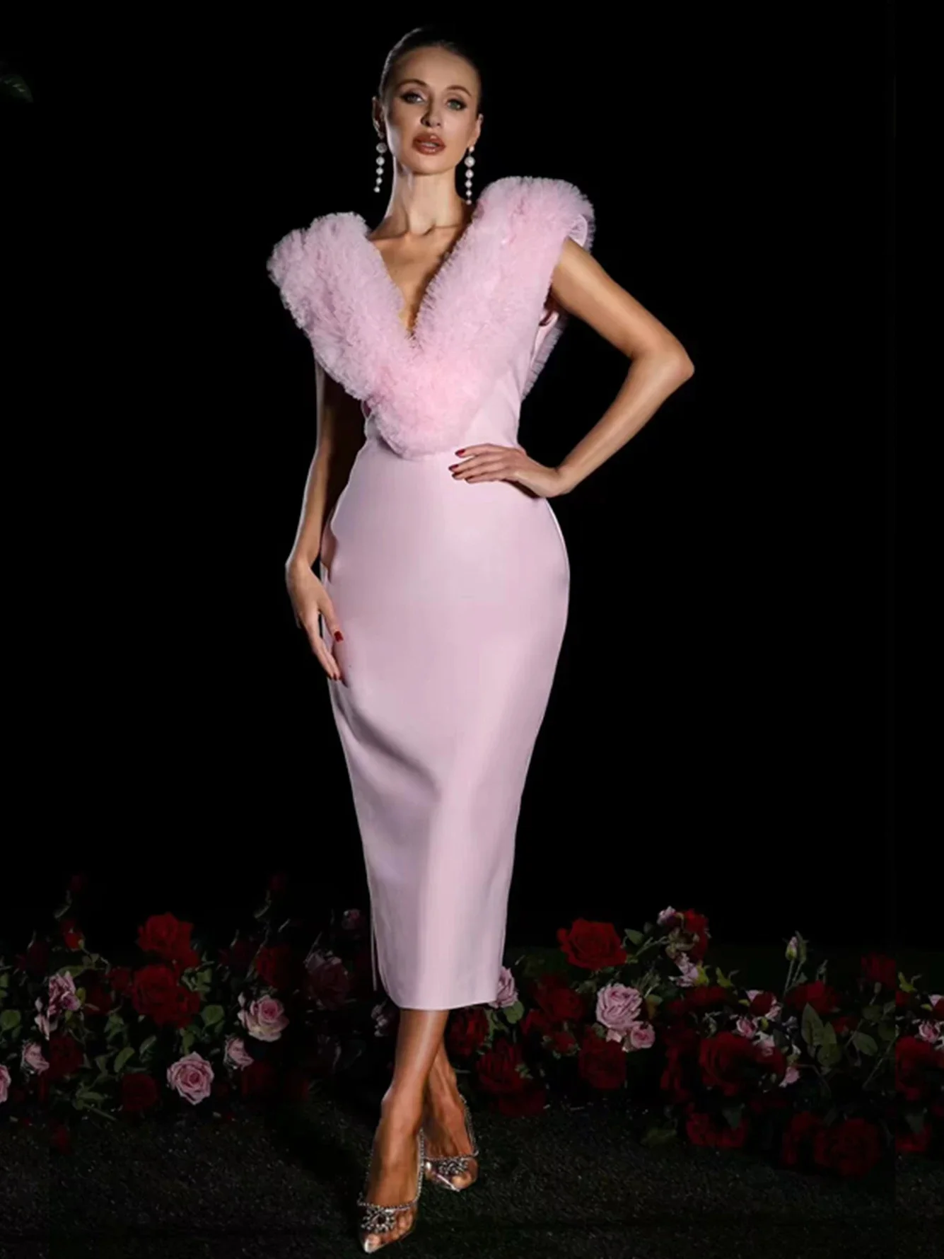 

High Quality Women's Pink Bandage Midi Dress 2024 Sexy Sleeveless V Neck Fashionable Feather Celebrity Party Runway Vestidos