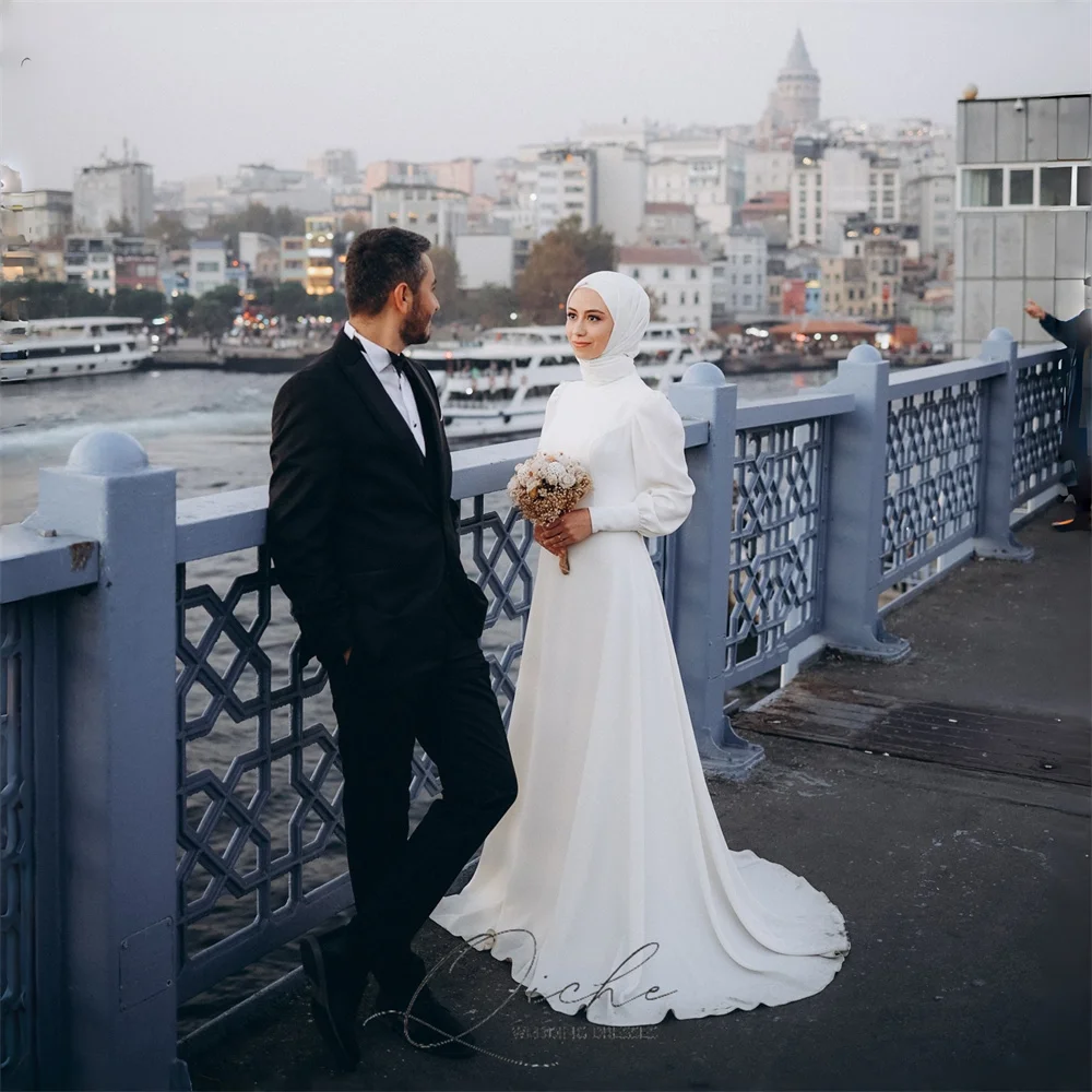 QICHE Bescheiden Lange Mouw Moslim A-lijn Trouwjurken Voor Vrouwen 2026 Plooi Civiele Party Gown Vestidos De Novia Aangepaste