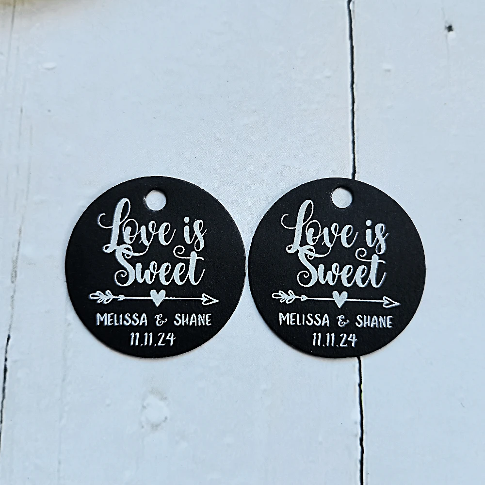 BY19-35mm Diameter White Text Print Tags Black Label Kraft Paper Labels Love Is Sweet Custom Wedding Favor and Gift Tags