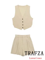 TRAFZA Vintage Suit donna Khaki Solid scollo a v senza maniche monopetto gilet con cerniera pantaloncini dritti New Fashion 2024 Summer Sets