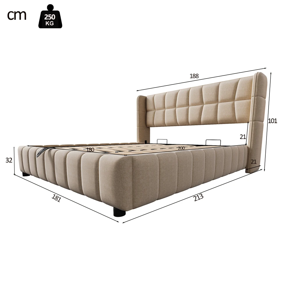 180x200cm gepolstertes Doppelbett mit pneumatischer Stauraum-Lattenrostunterlage und Rückenlehne – Leinenrahmen für Erwachsene und Jugendliche (ohne Matratze) – Detail 6