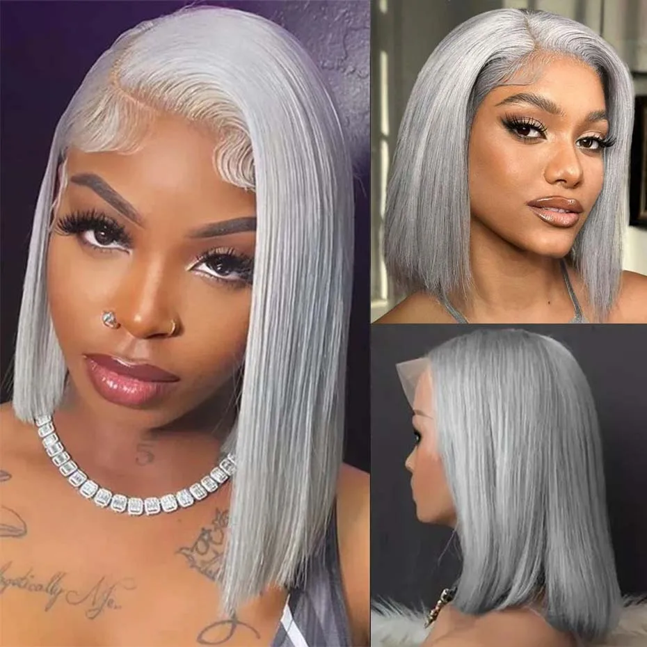 

6-16 inch Short Bob Wig Human Hair 13x6 Transparent Lace Front Wig Preplucked Sliver Grey Colored Human Hair Wigs Bleached Knots
