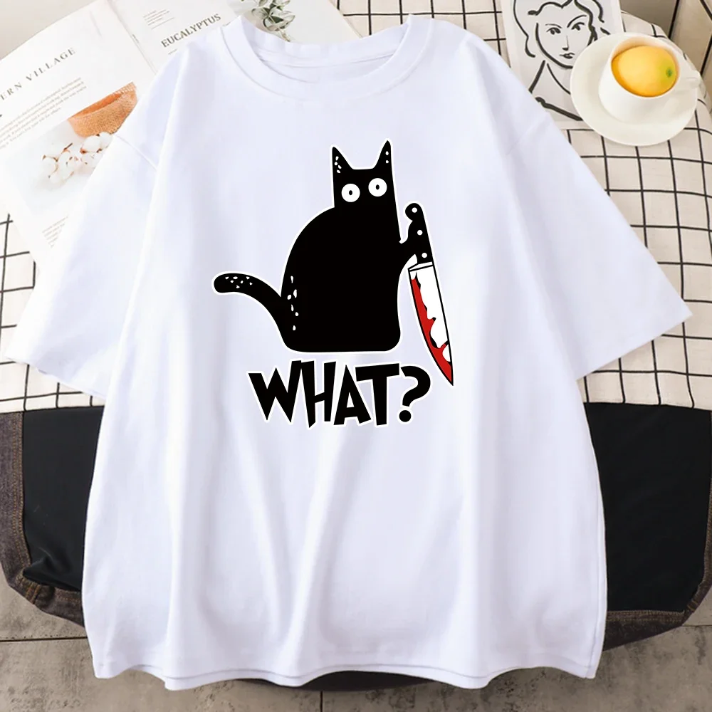 Killer Black Cat What Surprise Print Men\'s 100% Cotton T-shirt Creative Funny Top Oversized Full Math Vintage Short Sleeve Men