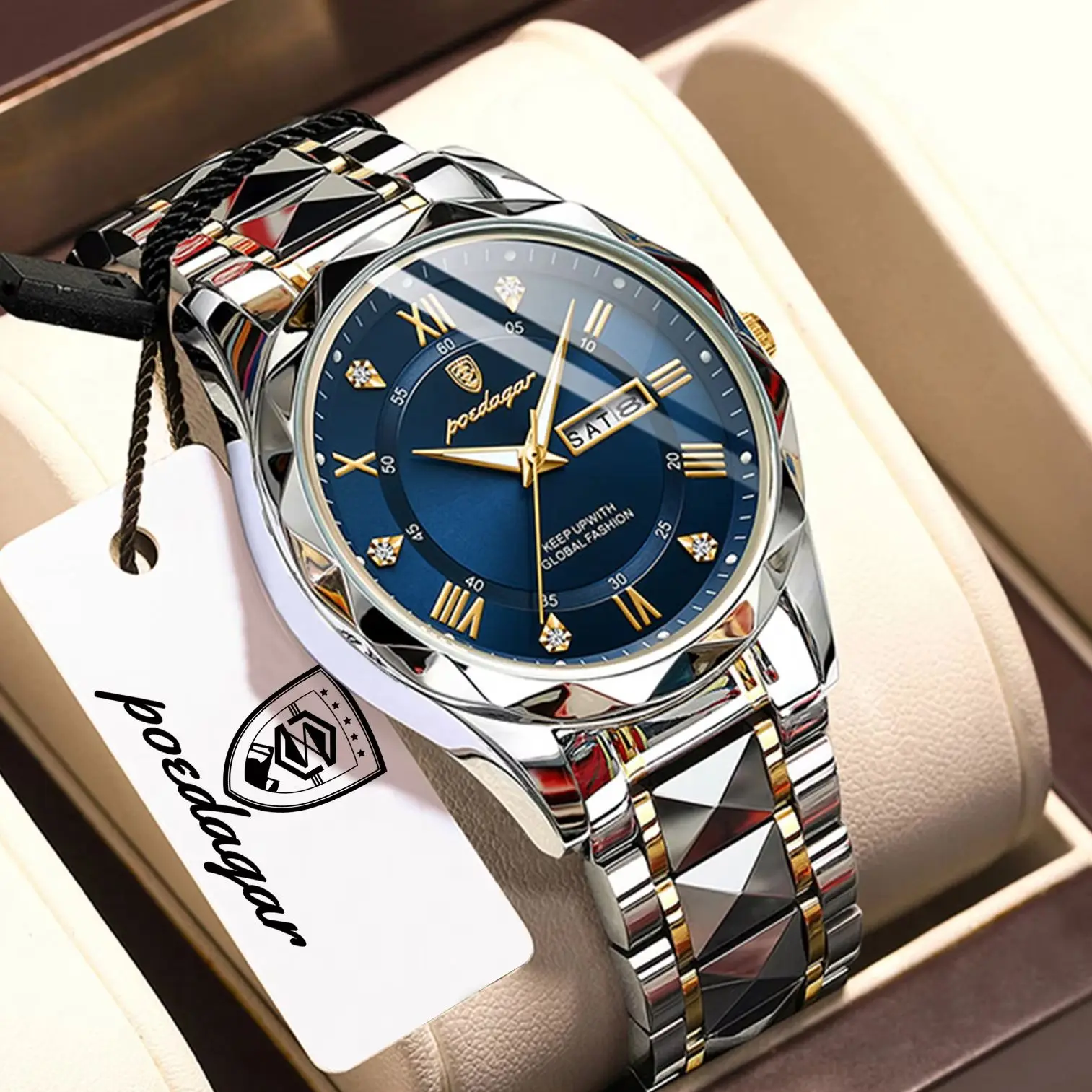POEDAGAR Top Quartz Men's Watches Luminous Waterproof Stainless Steel Fashion Man Wristwatch Date Week Business Men Clock Reloj