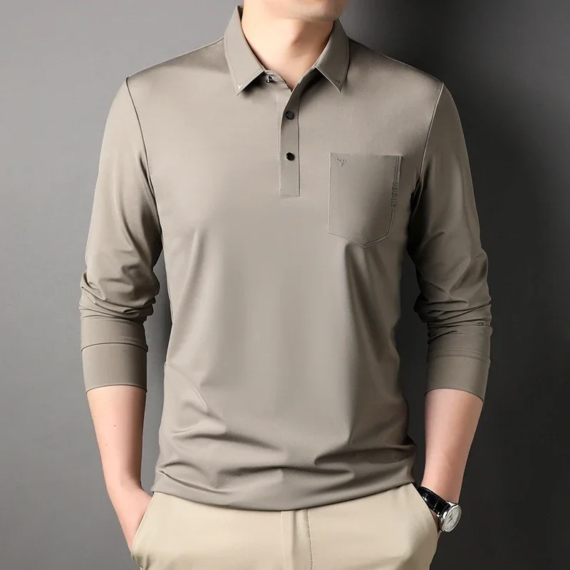 New Solid Color Seamless Male Polo Shirts Spring Autumn Long Sleeve Smart Casual Simple Classical Slim Fit Men's Polo Shirts