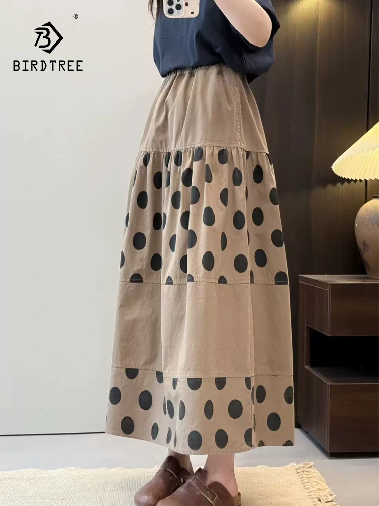

New 2025 Summer Cotton Skirt, Women Elastic Waist Dot Patchwork, Mori Girl French Retro Safari Style Loose A-line Skirt B57887CC