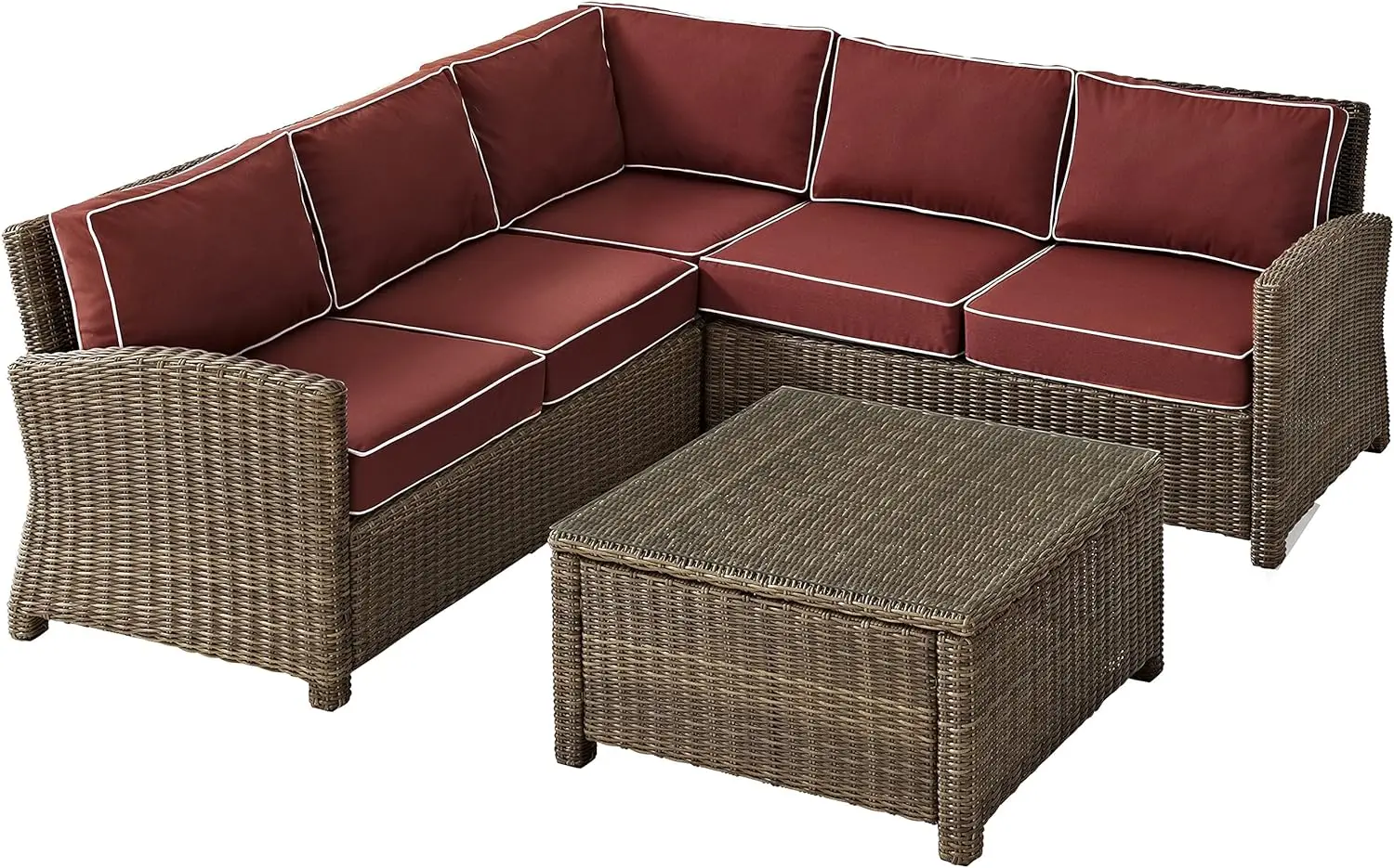 KO70019WB-SG Bradenton Outdoor Wicker 4-Piece Sectional Set (2 Loveseats, Corner Chair, Coffee Table)