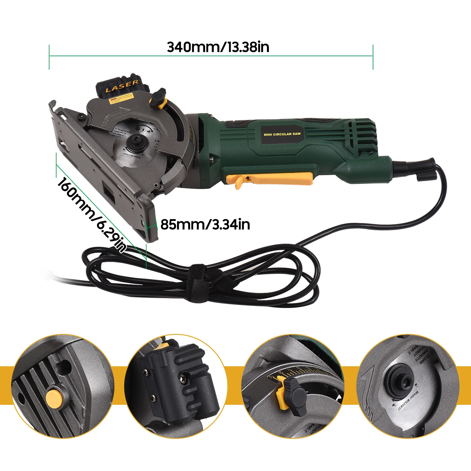 580W Mini Circular Saw Corded Electric Compact Circular Saw with Laser Guide Scale Ruler Vacuum Port 3 Blades for Cutting Wood