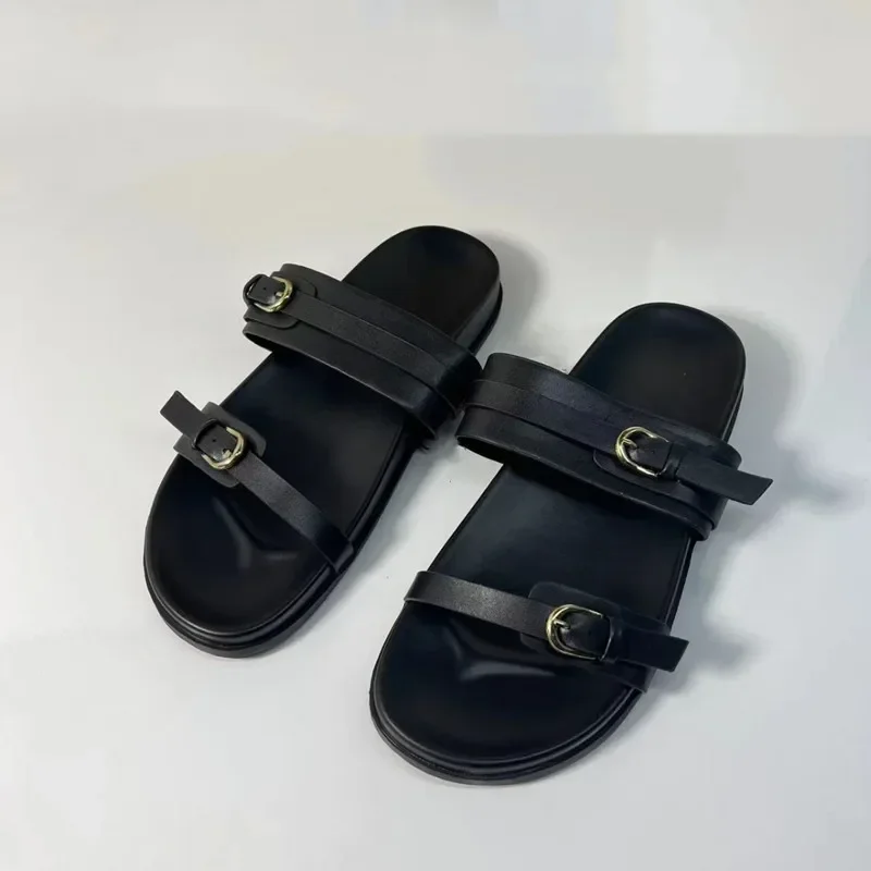 Summer 2024 Woman Flat Slippers Woman Black Metal Buckle Sexy Round Toe Slingback Slippers