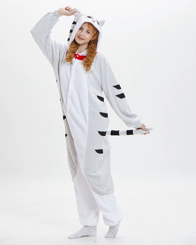 

Kawaii Grey Cat Flannel Onesie Sleepwear Winter Warm One Piece Jumpsuits Pajamas Homewear Christmas Cosplay Costume Nightgown