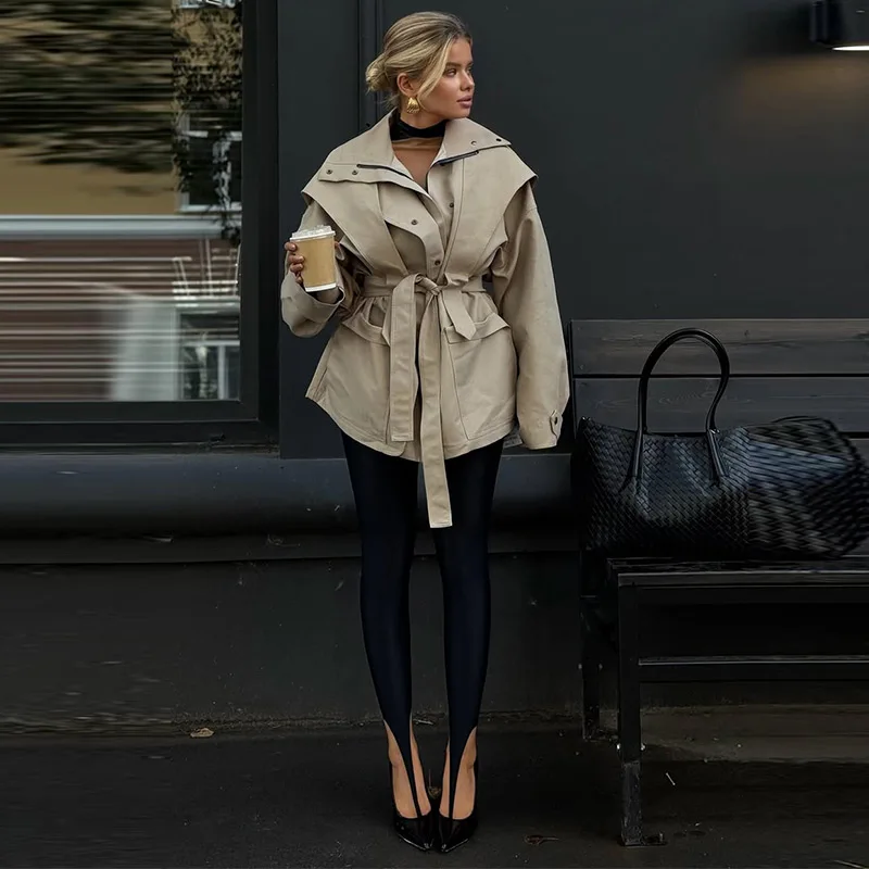 Damen-Windbreaker mit Revers und Schnürung, einreihiger Trenchcoat für Frühling und Herbst, langärmelige, schmale Jacke, neue Oberbekleidung – Detail 22