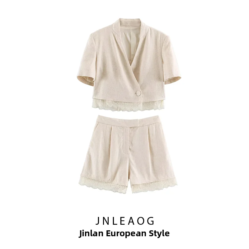 JNLEAOG Summer New Women's Fashion Short Sleeve Suit Jacket with Ruffle Hem And Shorts Two Piece Set for Business And Casual ...
