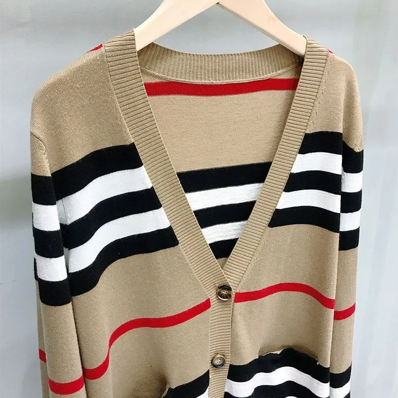 

Ladies Clothing Spring and Autumn high quality Classic Striped Colorblock V-neck Mid-length Knitted Loose Sweater Jacket