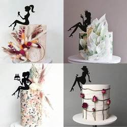 5pcs Ins Winebowl Girl Happy Birthday Cake Topper Gold Acrylic Cupcake Topper for Wedding Party Cake Decoration