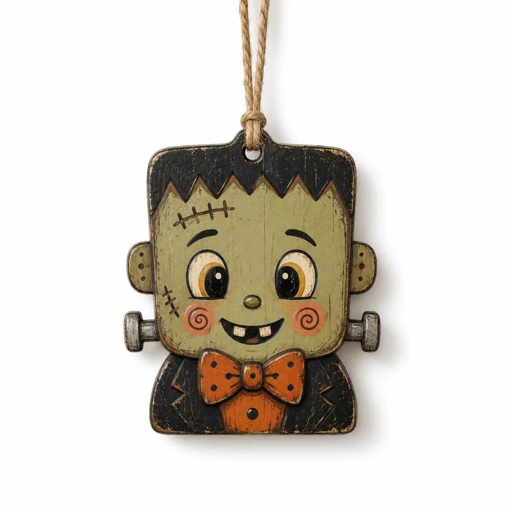 Vintage Style Halloween Pumpkin Ghost Pendant Distressed Painted Cartoon Owls Bat Hanging Decoration Trick or Treat Rustic