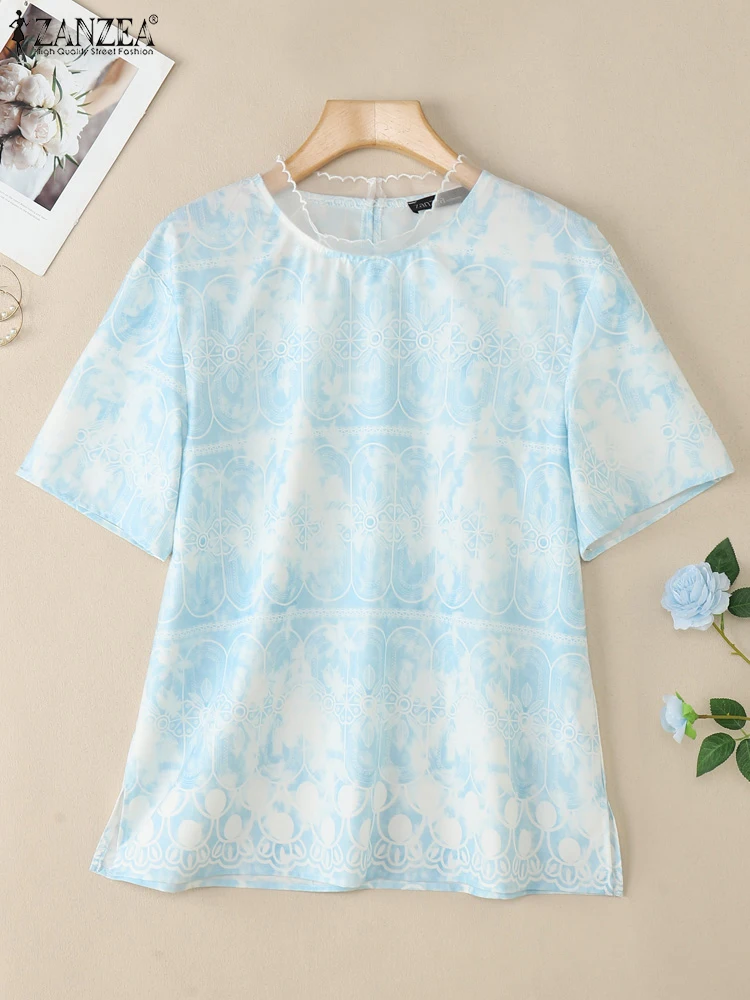 

ZANZEA, стильные блузки с круглым вырезом и кружевной отделкой, женские блузки с короткими рукавами и принтом в этническом стиле, Blusas Mujer, 2024, летние повседневные уличные футболки