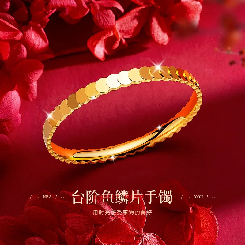 

9999 Real Gold 24K Yellow Bracelet Necklace Advanced Sense Bouncing Disc Flash Step Fish Scale