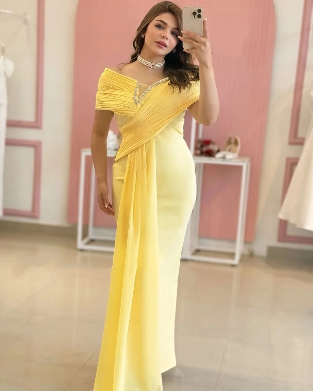 

Yellow Chiffon Beaded Long Bespoke Occasion Gown Evening Dresses Prom Pastrol Unisex Jersey Retro Dubai Saudi Arabic Customized