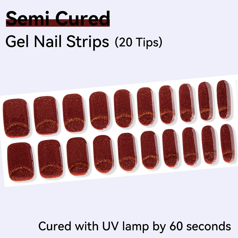 20Tips Sparkly Semi-Cured Gel Nail Wraps Full Cover Shinning Pink Wavy Line Gel Nail Polish Sticker Long Lasting Manicure Decor