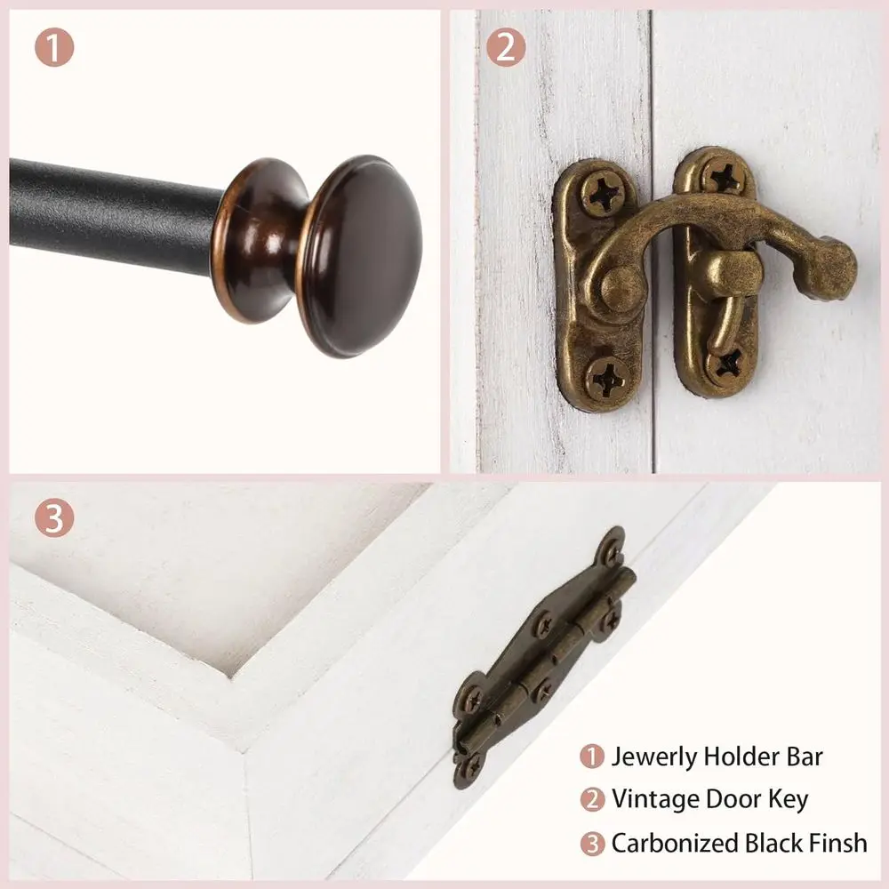 Rustikaler Wandschrank aus Holz mit Spiegel zur großen Schmuckaufbewahrung: Halsketten, Ohrringe, Armbänder, Ringe – Weiß