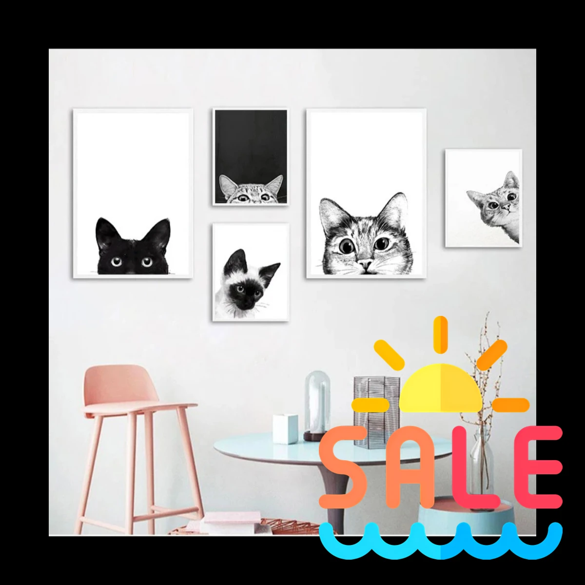 Whiskers & Laughs – Funny Black White Kitty Cat Nordic Frameless Canvas for Living Room Salon Wall Decor 2026