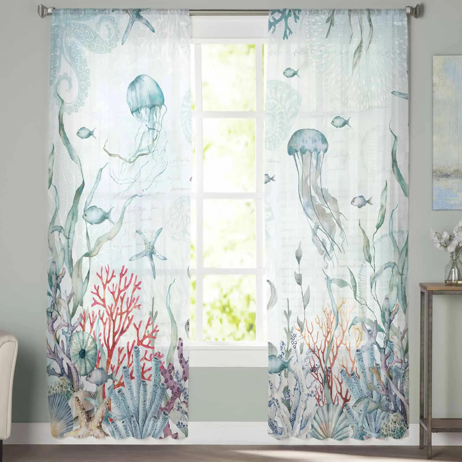 Marine Coral Sea Shell Starfish Jellyfish Curtain For Living Room Bedroom Kitchen Window Tulle Curtains Home Essentials