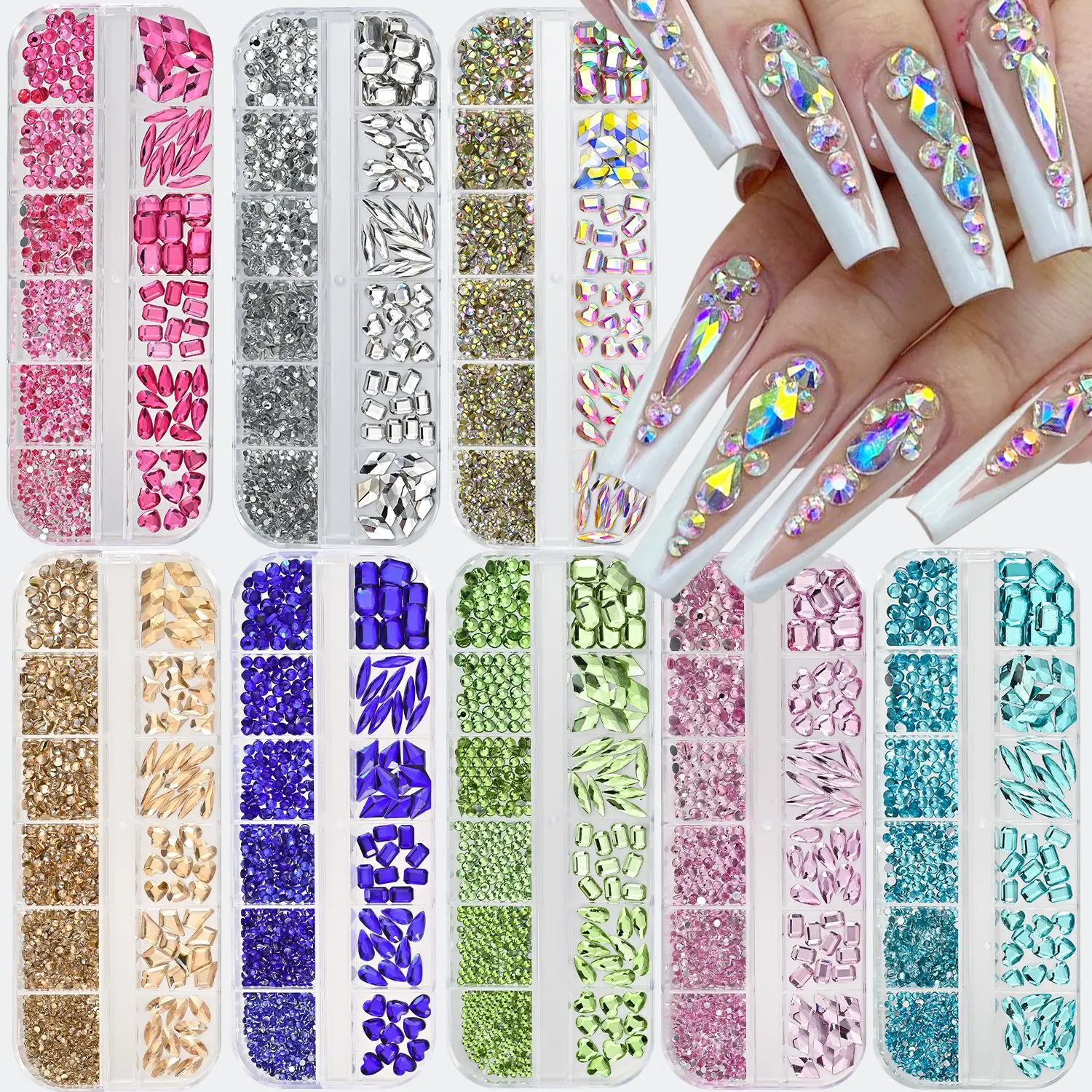 12Grid Mixed Shapes Nail Rhinestones Set Multi Color AB Crystal Flatback Glass Diamond Gemstones 3D DIY Nail Art Decorations Ma