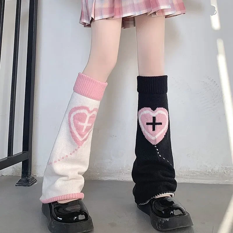 Giapponese Jk Anime Heart Cross Knit Socks Two Side Bellmouth scaldamuscoli Lolita Women Punk Harajuku calzini lunghi Y2k accessori