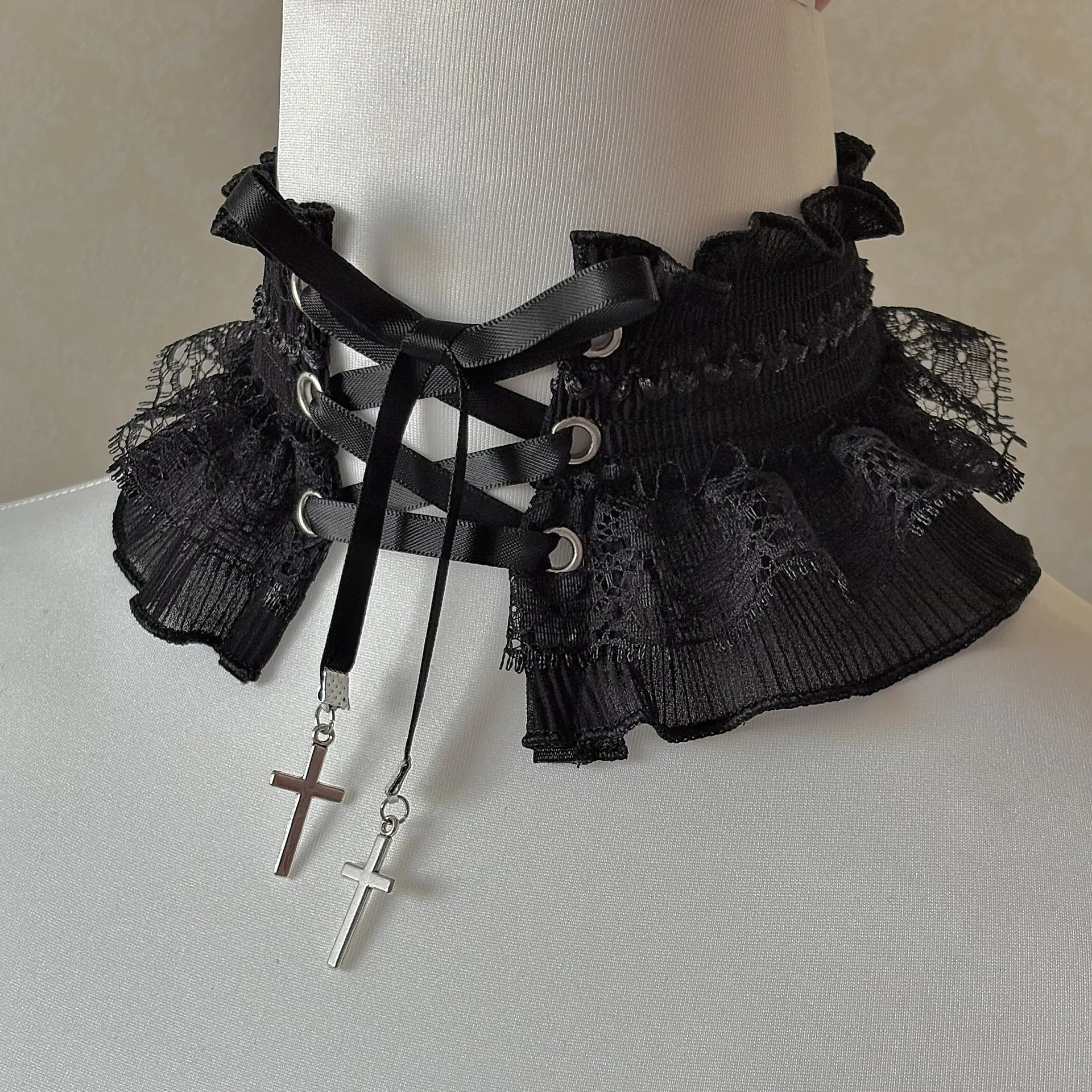 Women Gothic Lolita Y2K Girl Lace Ruffle Elastic with Metal Cross Pendant Alternative Subculture Choker Necklace Cosplay Collar