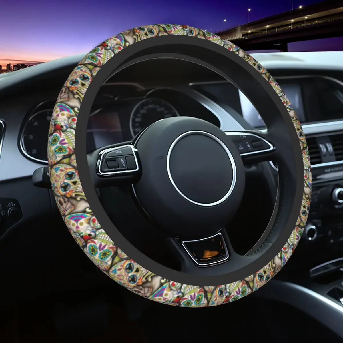 Car Steering Wheel Cover Sugar Skull Collage Ethnic Carnival Folkloric Auto Decoration Suitable Automobile Accessory