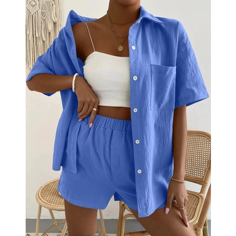 Fashion Short Sleeve Single-breasted Top and Wide Leg Shorts Set 2023 Summer 2 Piece Outfits for Women Ladies Shirt Suits 22365