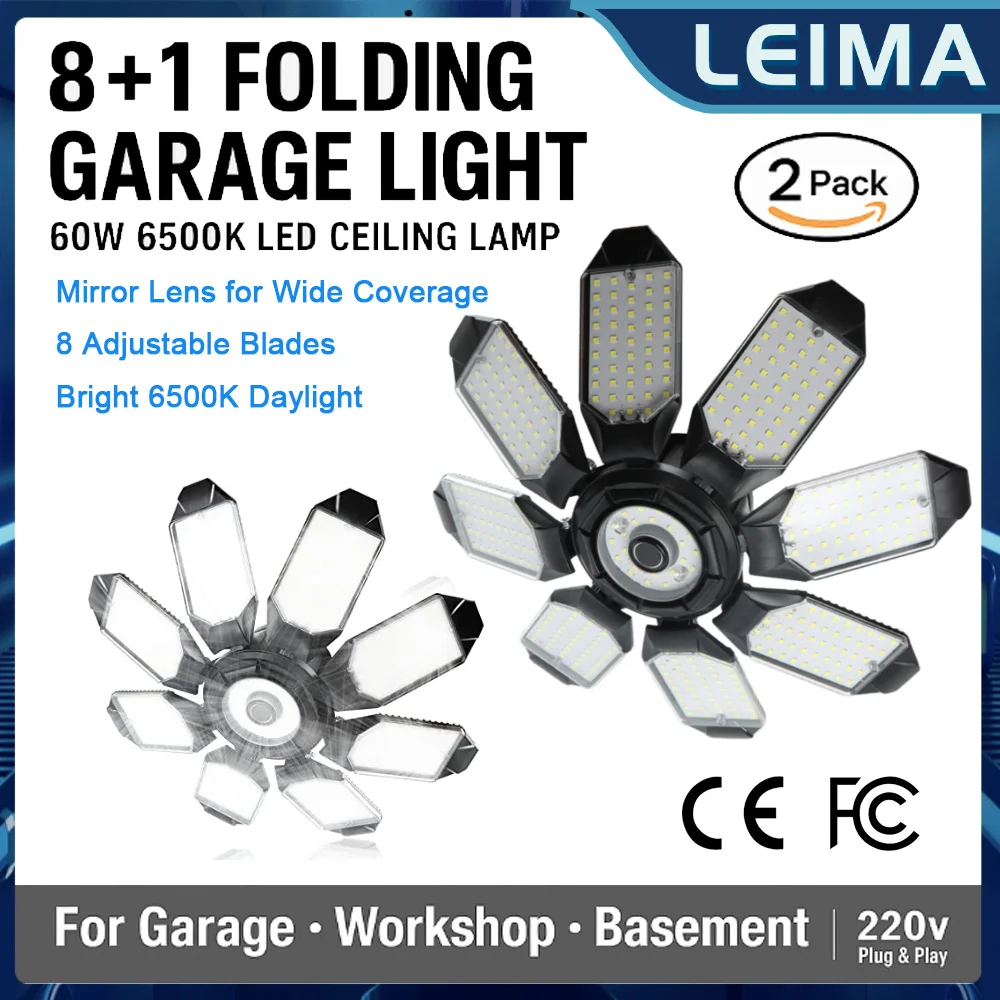 

2 шт. 8 + 1 складной гаражный светильник с зеркальным большим объективом, 8 лезвий, светодиодный потолочный светильник 60 Вт, 6500 К, 220 В для гаражной мастерской