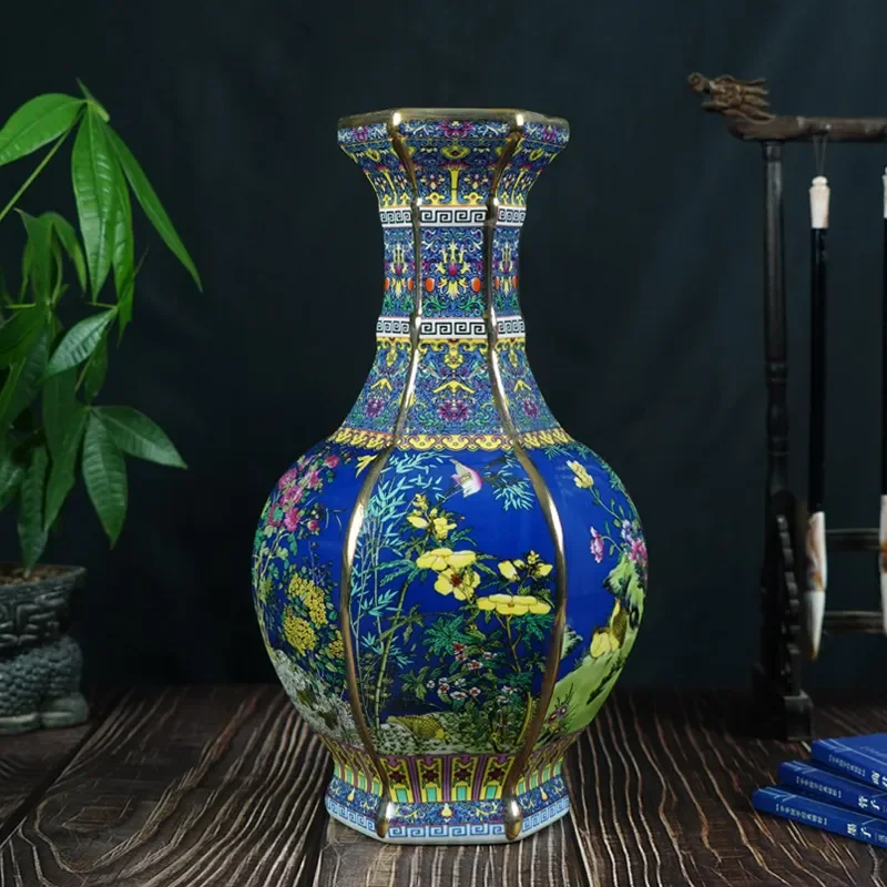 for Antique Enamel Color Flower and Bird Hexagonal Bottle Jingdezhen Chinese Ceramic Home Living Room Decorative Vase